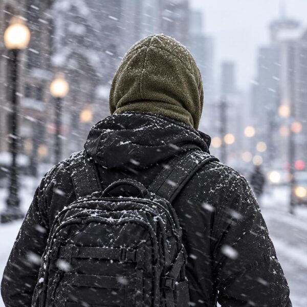 Person seen from behind wearing an olive fleece hood with a black jacket and backpack, walking through a snowy city street.